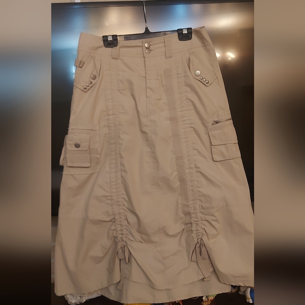 Y2K Utility Cargo Midi Skirt Cream Cotton Ruched Hem Deane White Sz 4 - Picture 8 of 13
